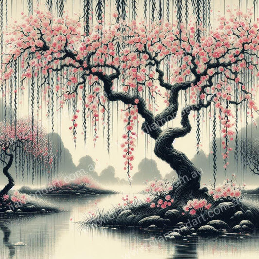 Cherry Blossom Lake 1 - Full Drill 5D DIY Diamond Painting Kit - Diamond Art Dezigns