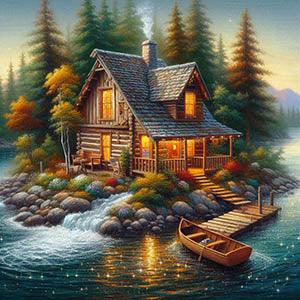 Cottage Rowboat Lake - Full Drill 5D DIY Diamond Painting Kits - Diamond Art Dezigns