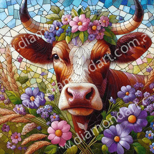 Cow Flowers Mosaic - Full Drill 5D DIY Diamond Painting Kits - Diamond Art Dezigns