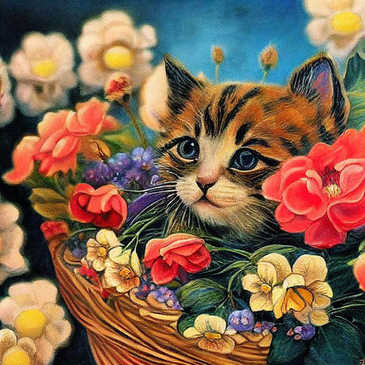Kitten Flower Basket - Full Drill 5D DIY Diamond Painting Kits - Diamond Art Dezigns