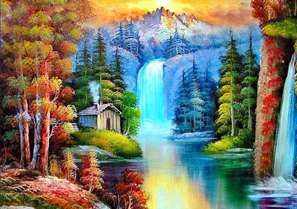 Cabin Waterfall Forest - Diamond Art Dezigns