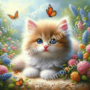 Kitten Butterfly Flowers 30x30 SALE! - Diamond Art Dezigns