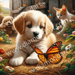 Puppy Butterfly Barn 40x40 - SALE! - Diamond Art Dezigns