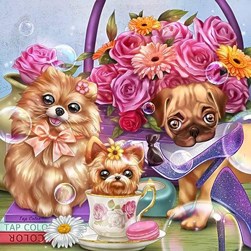 Puppy Tea Flowers - Diamond Art Dezigns